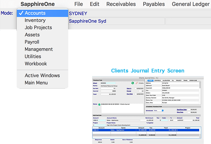 Client journal entry screen accounts module in SapphireOne