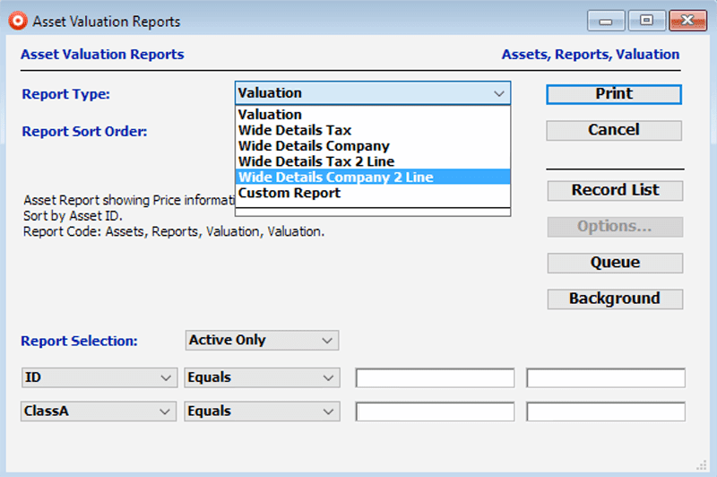 assets module with reports Asset Valuation win