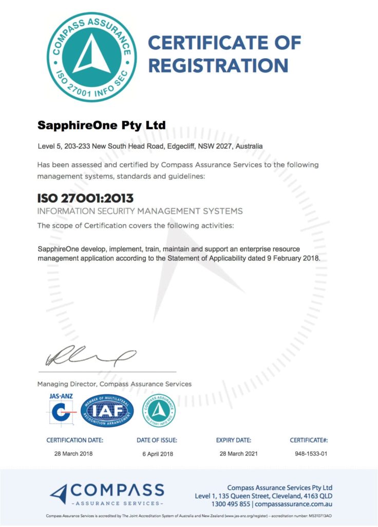 SapphireOne has been assessed and certified by ISO 27001