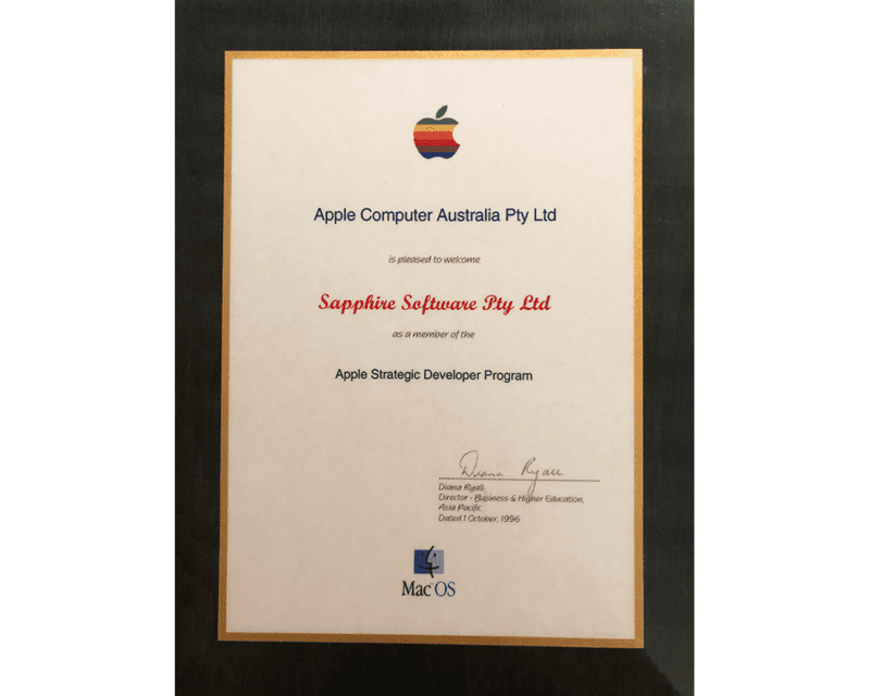 Sapphire Software Pty. Ltd. were certified as a member of the Apple Strategic Developer Program on 1st October 1996