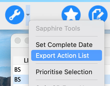 Menu-Sapphire Tools-Export Action List