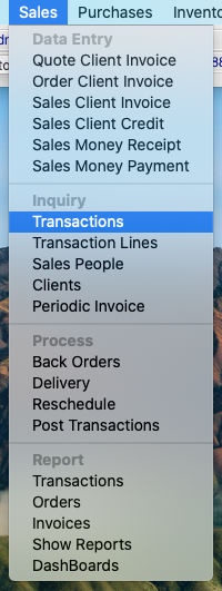 Sapphire Tools-Sales Transactions menu